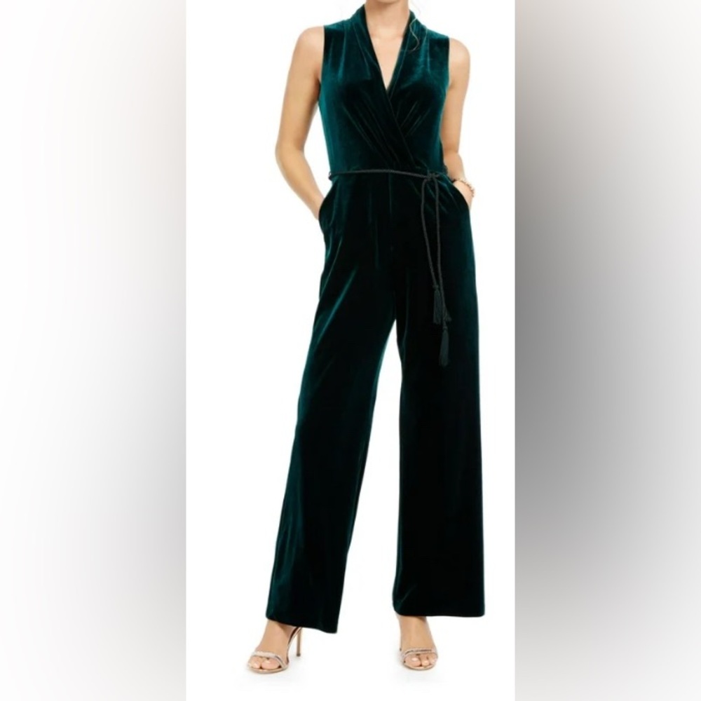 Vince Camuto Emerald Velvet Sleeveless Wrap Jumpsuit